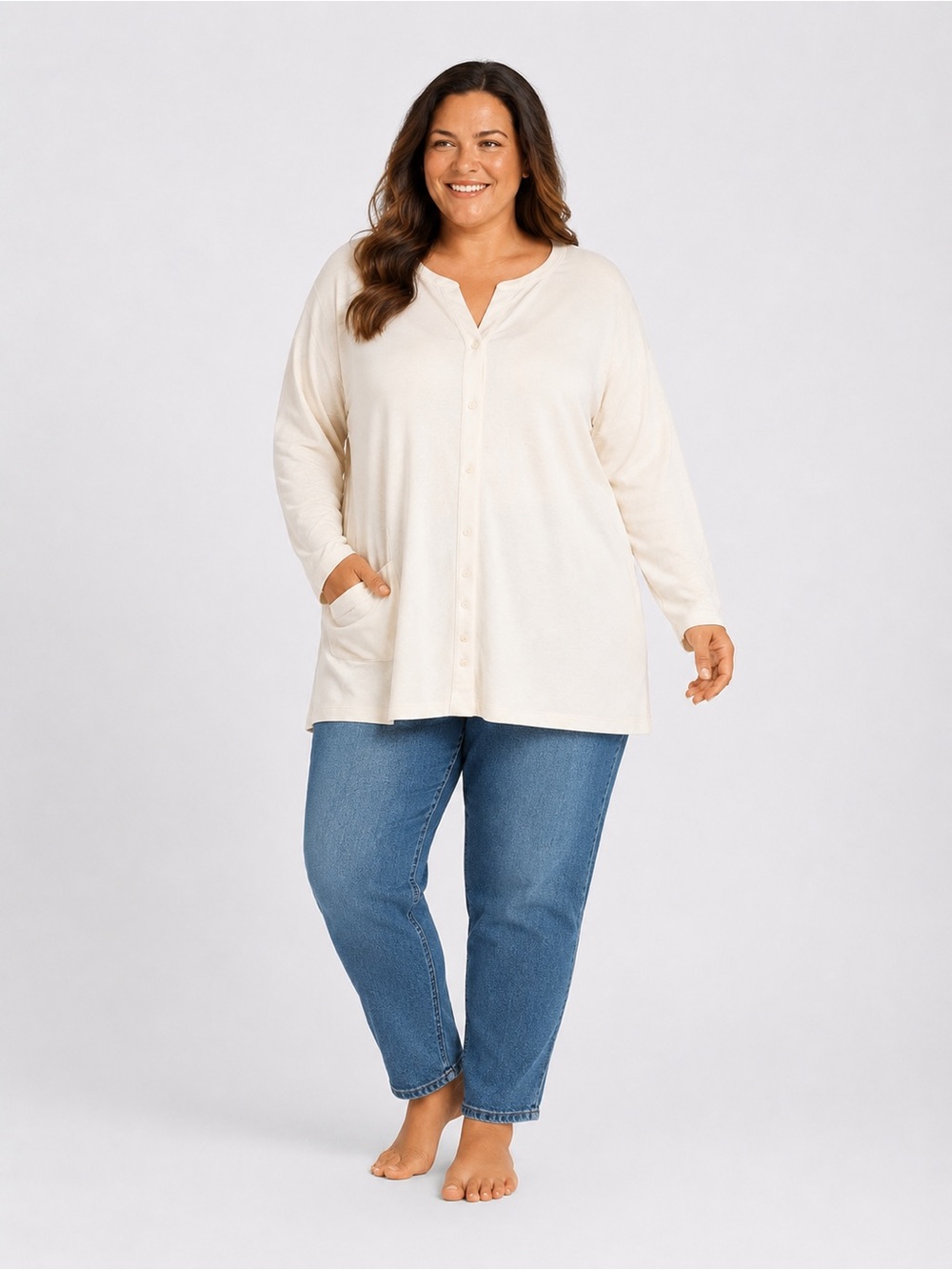Isaac Mizrahi  Essentials Pima Cotton Button Front Cardigan -Cream Colored